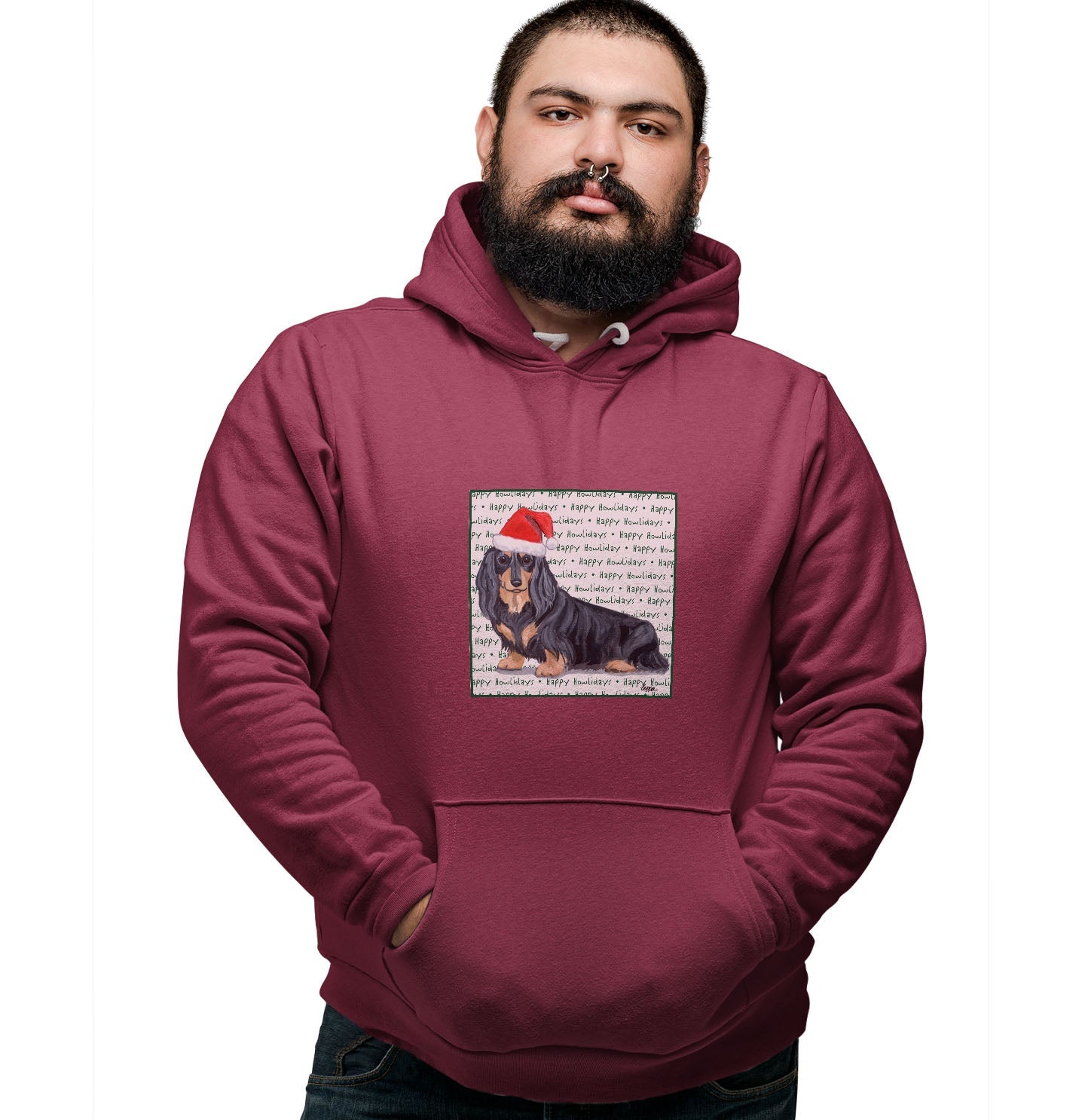 Dachshund (Black Long Haired) Happy Howlidays Text - Adult Unisex Hoodie Sweatshirt