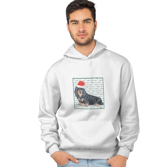 Dachshund (Black Long Haired) Happy Howlidays Text - Adult Unisex Hoodie Sweatshirt