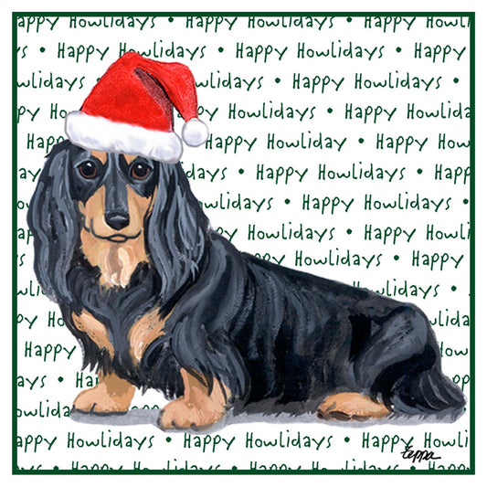 Dachshund (Black Long Haired) Happy Howlidays Text - Adult Unisex Hoodie Sweatshirt