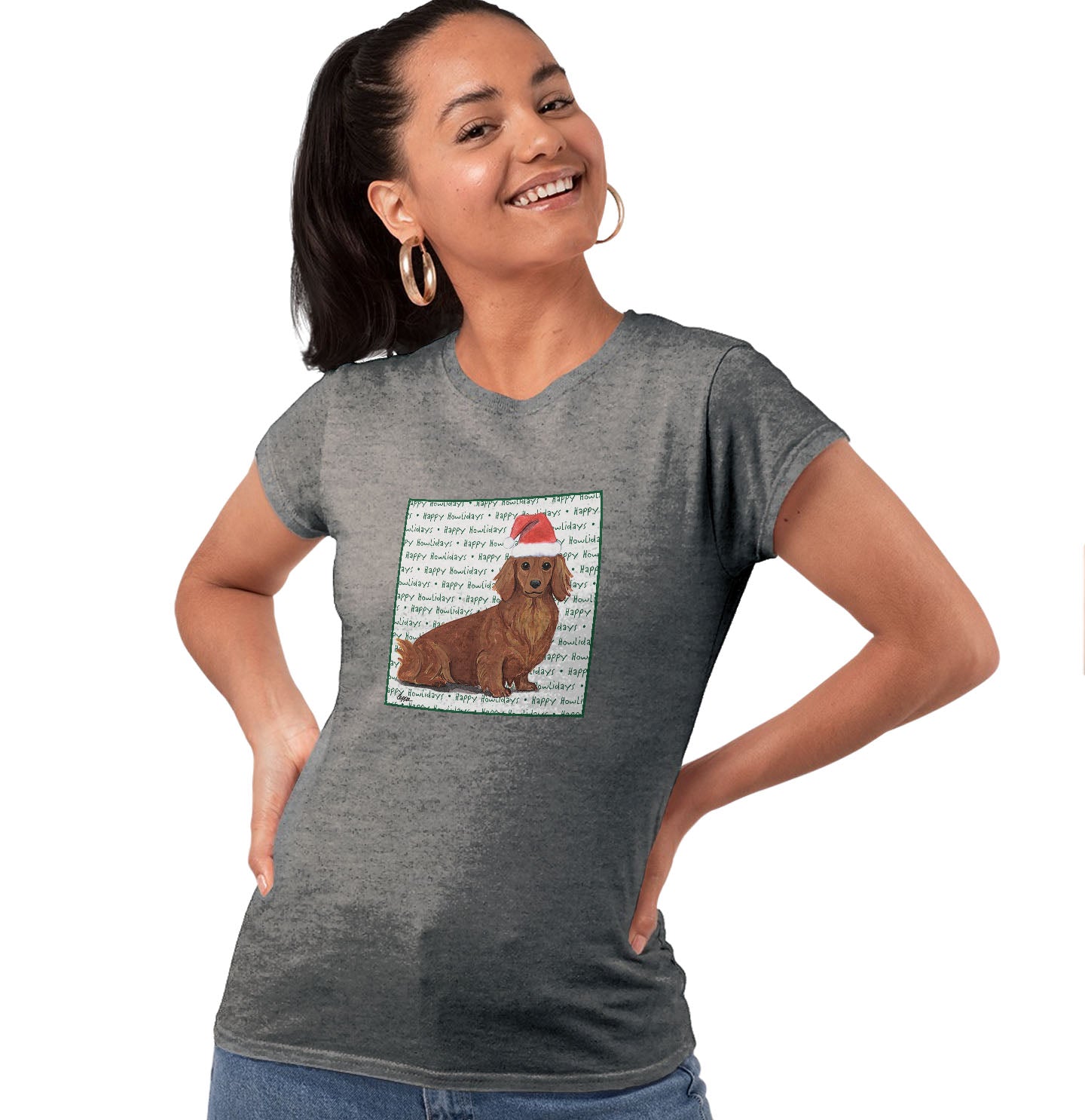 Dachshund (Red Long Haired) Happy Howlidays Text - Women's Tri-Blend T-Shirt