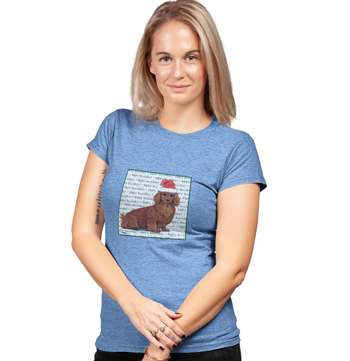 Dachshund (Red Long Haired) Happy Howlidays Text - Women's Tri-Blend T-Shirt