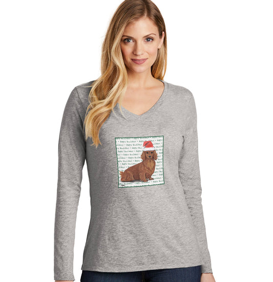 Dachshund (Red Long Haired) Happy Howlidays Text - Women's V-Neck Long Sleeve T-Shirt