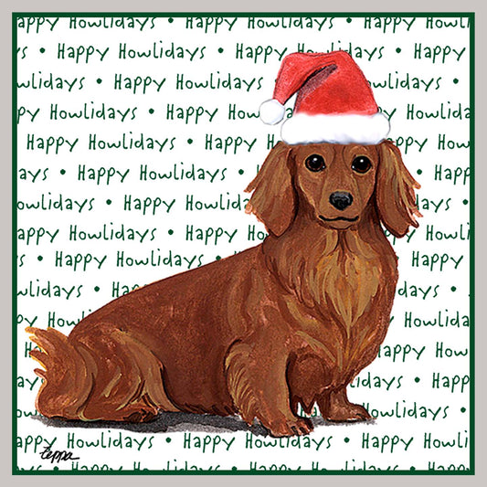 Dachshund (Red Long Haired) Happy Howlidays Text - Women's V-Neck Long Sleeve T-Shirt