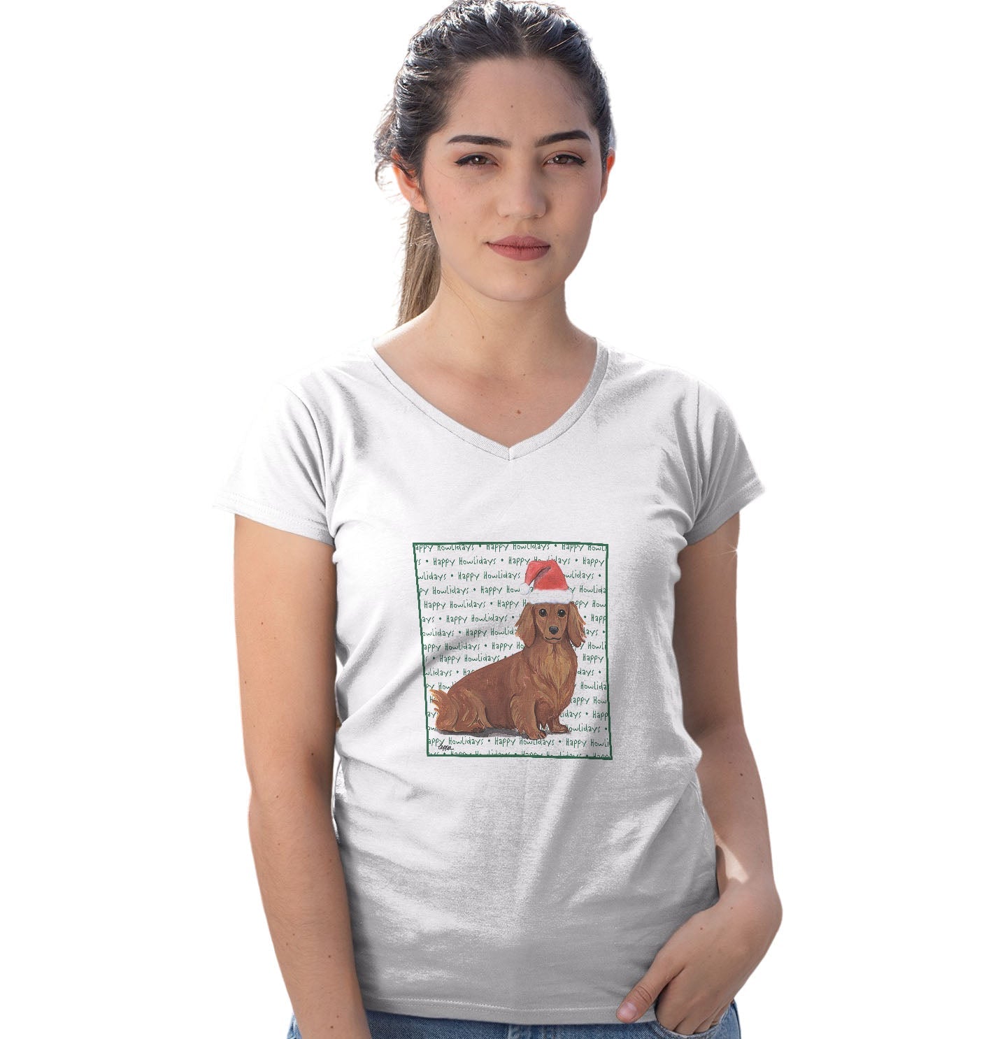 Dachshund (Red Long Haired) Happy Howlidays Text - Women's V-Neck T-Shirt