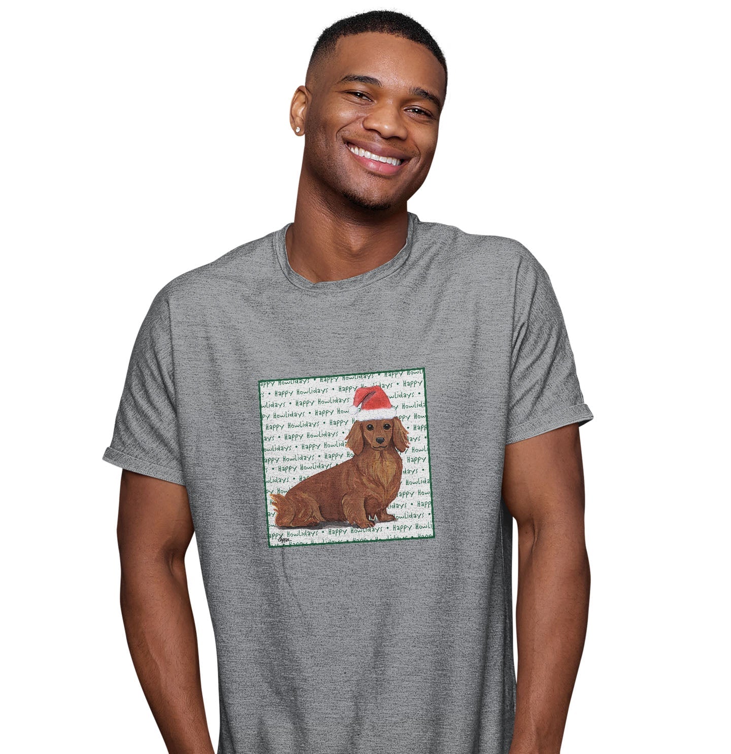 Dachshund (Red Long Haired) Happy Howlidays Text - Adult Unisex T-Shirt