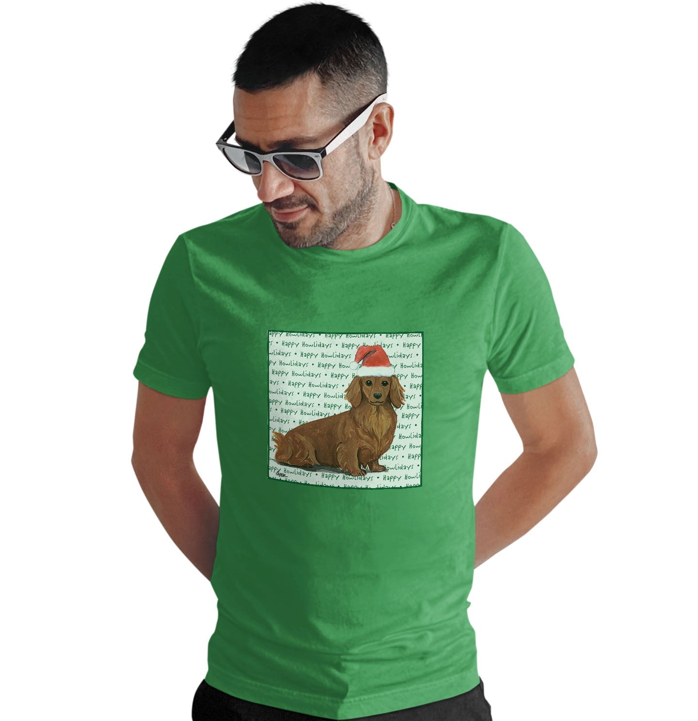 Dachshund (Red Long Haired) Happy Howlidays Text - Adult Unisex T-Shirt