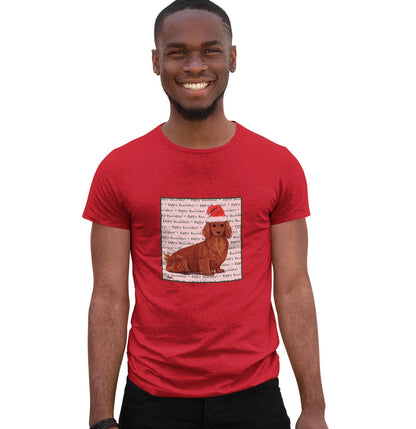 Dachshund (Red Long Haired) Happy Howlidays Text - Adult Unisex T-Shirt