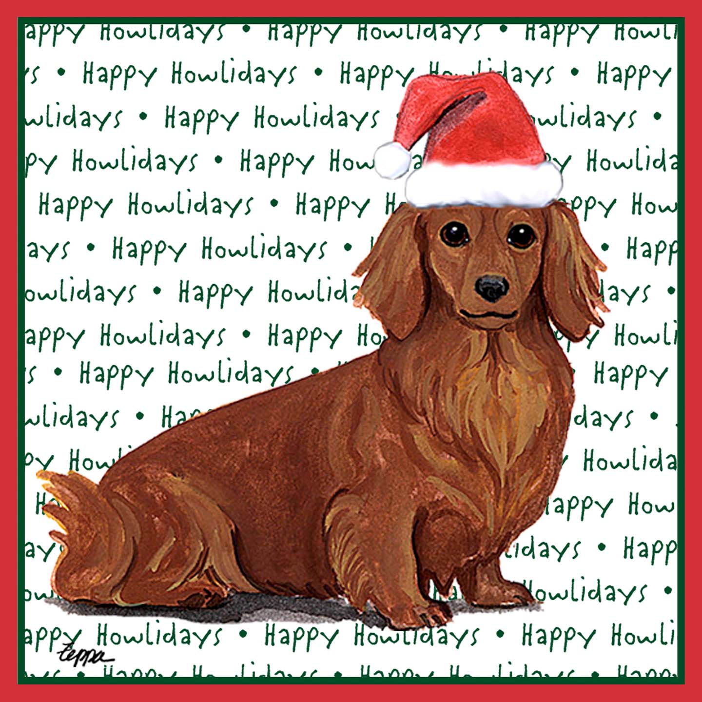 Dachshund (Red Long Haired) Happy Howlidays Text - Adult Unisex T-Shirt
