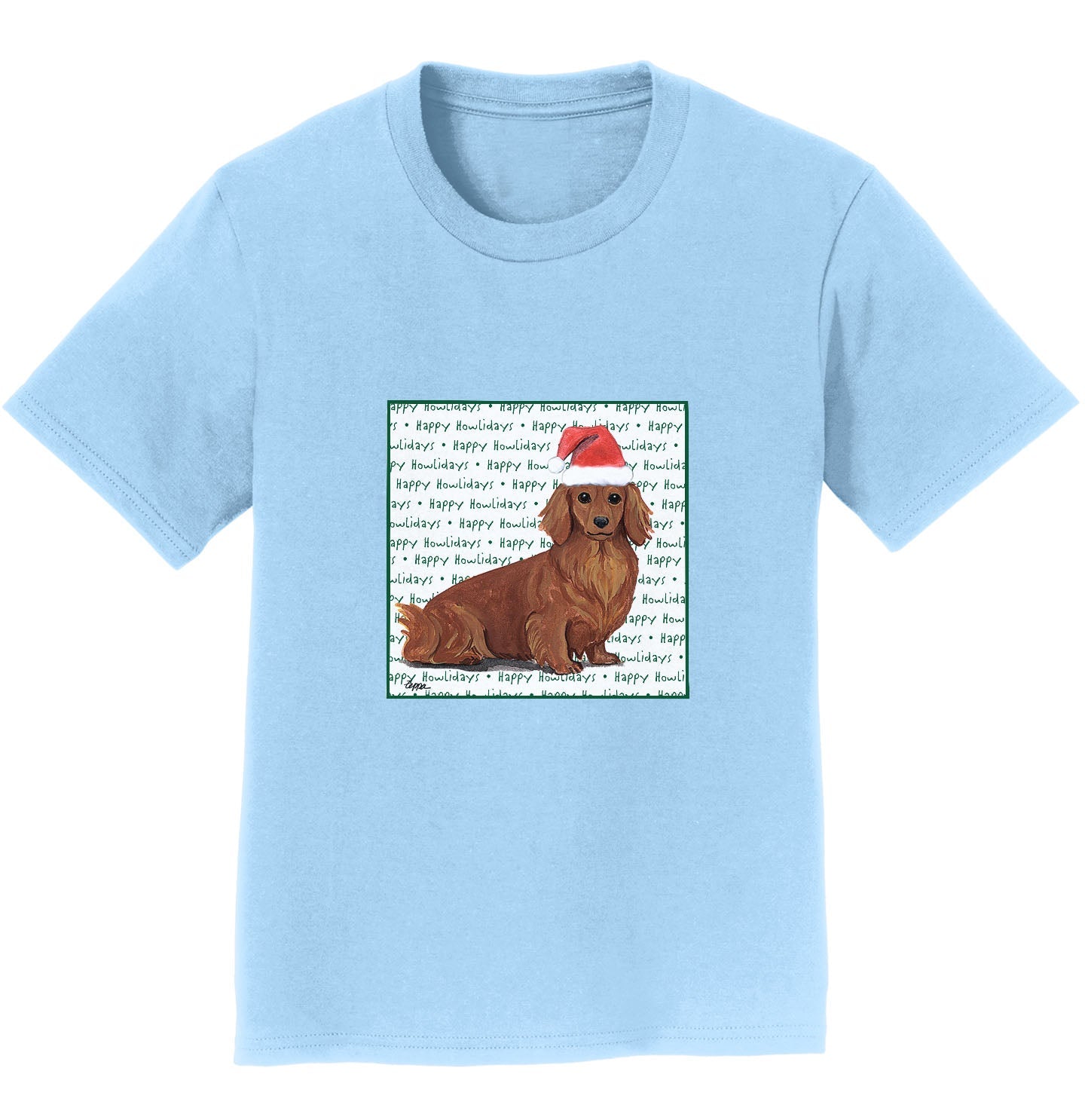 Dachshund (Red Long Haired) Happy Howlidays Text - Kids' Unisex T-Shirt