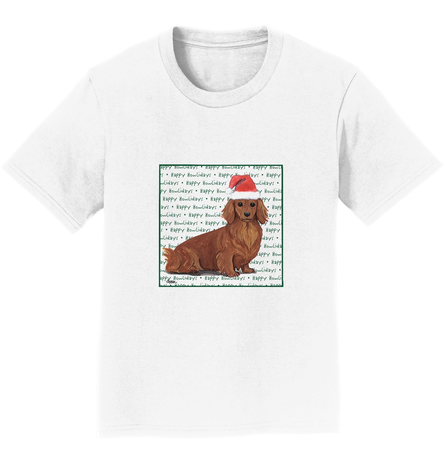 Dachshund (Red Long Haired) Happy Howlidays Text - Kids' Unisex T-Shirt