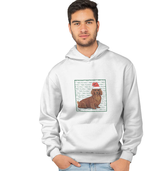 Dachshund (Red Long Haired) Happy Howlidays Text - Adult Unisex Hoodie Sweatshirt