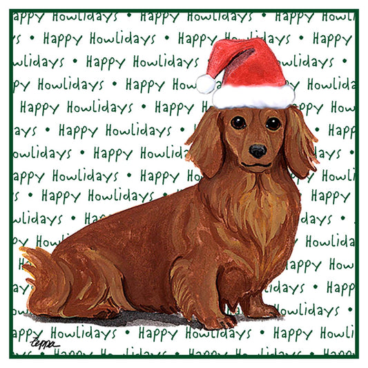 Dachshund (Red Long Haired) Happy Howlidays Text - Adult Unisex Hoodie Sweatshirt