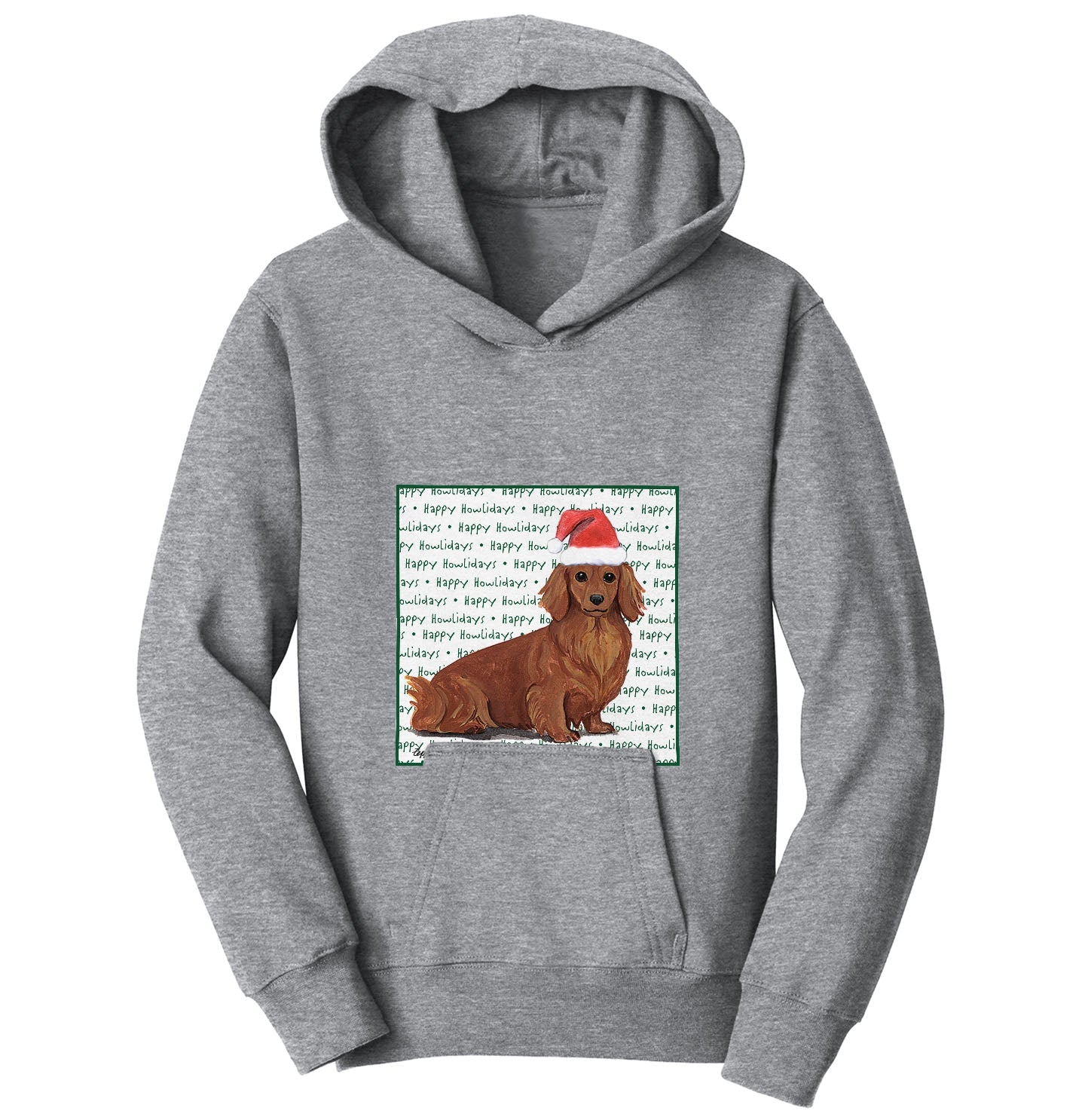 Dachshund (Red Long Haired) Happy Howlidays Text - Kids' Unisex Hoodie Sweatshirt