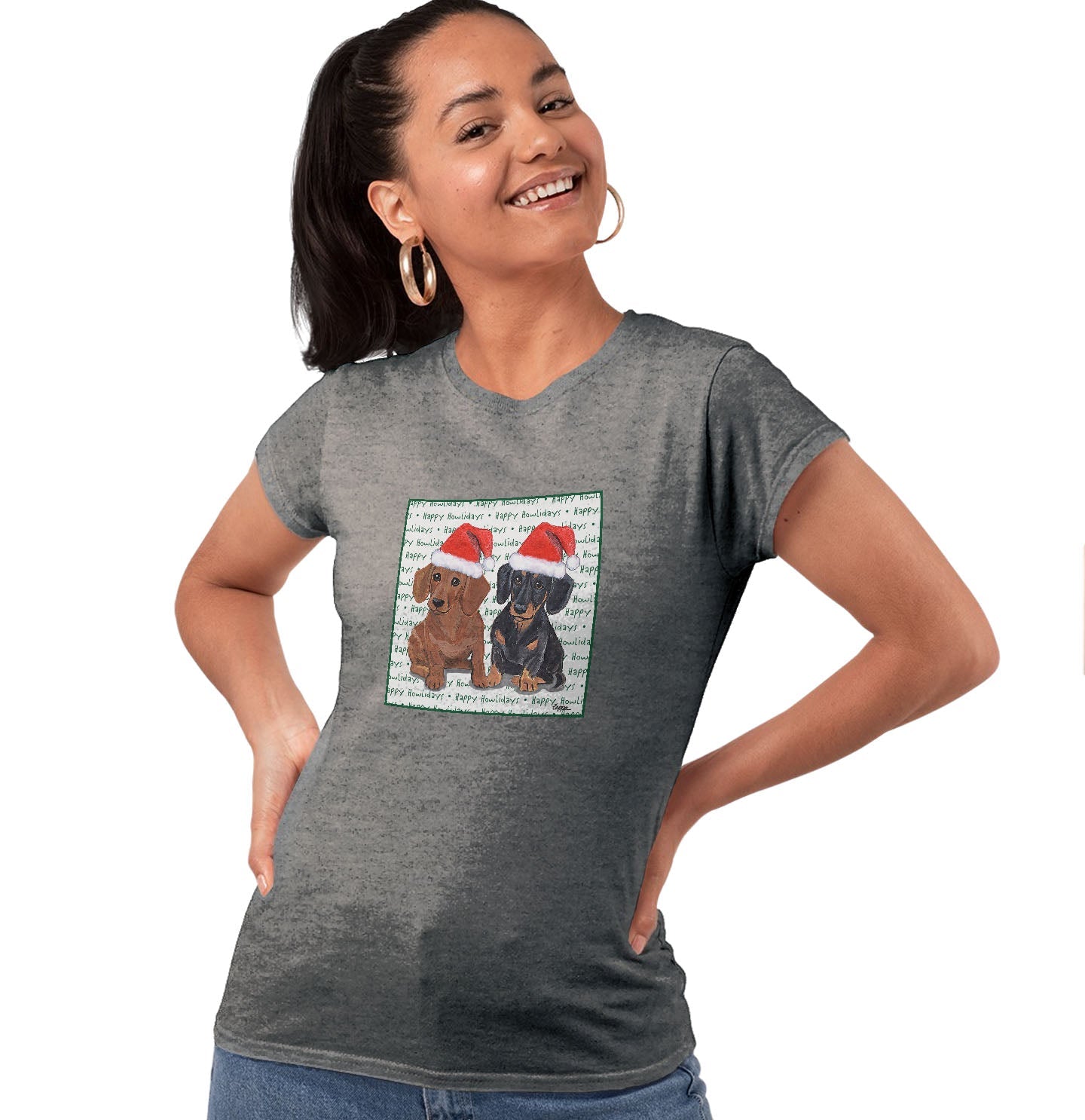 Dachshund (Pair) Happy Howlidays Text - Women's Tri-Blend T-Shirt