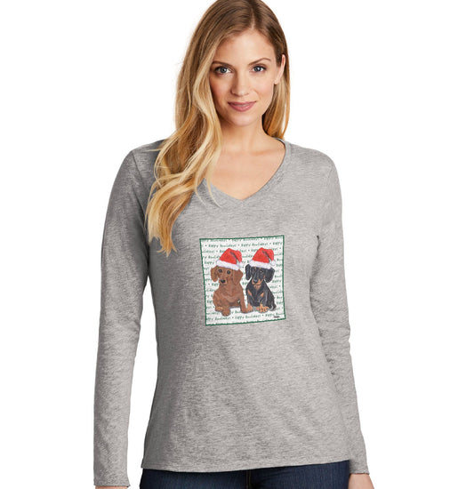 Dachshund (Pair) Happy Howlidays Text - Women's V-Neck Long Sleeve T-Shirt