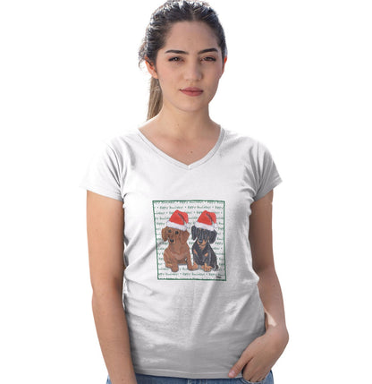 Dachshund (Pair) Happy Howlidays Text - Women's V-Neck T-Shirt