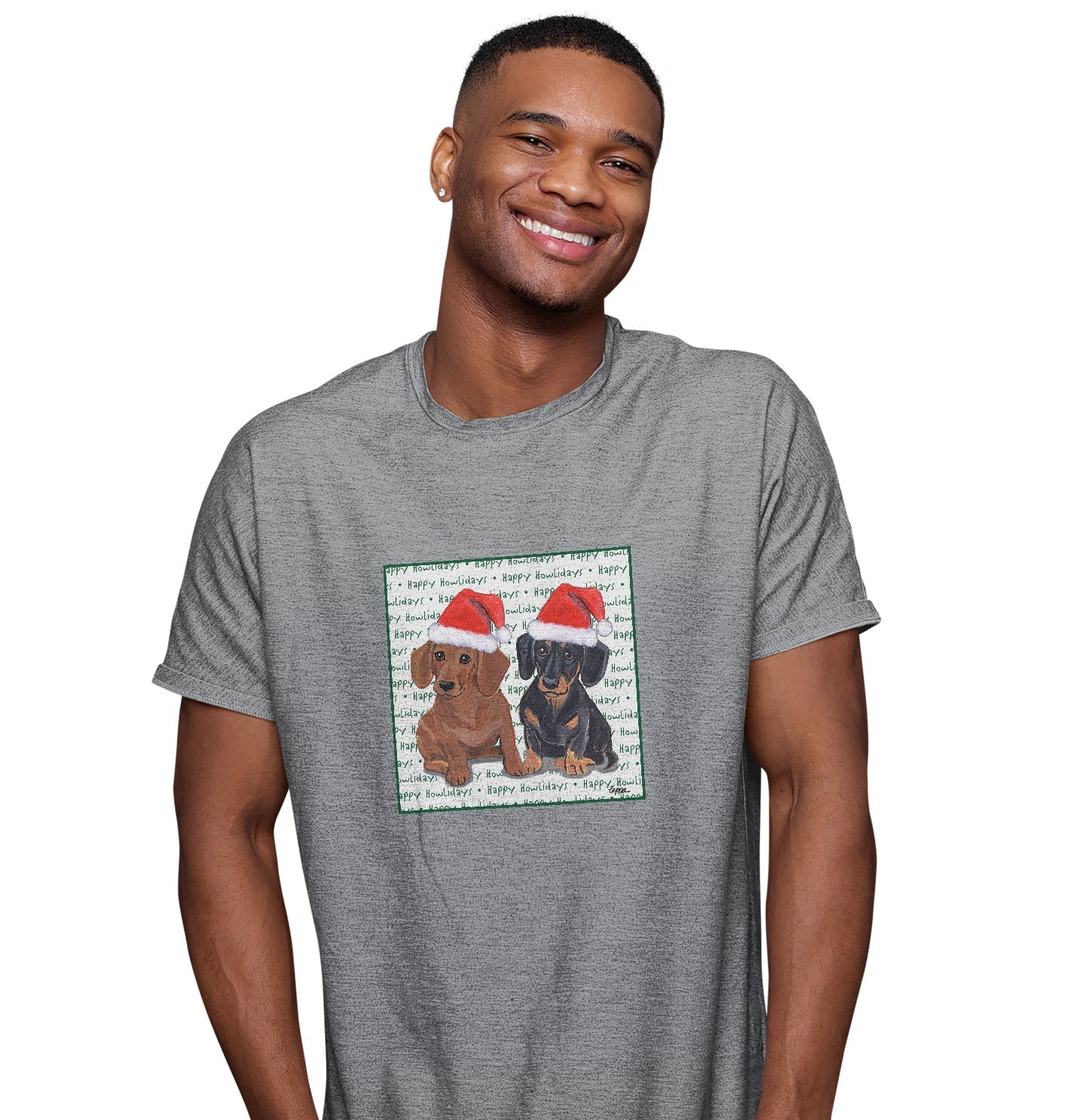 Dachshund (Pair) Happy Howlidays Text - Adult Unisex T-Shirt