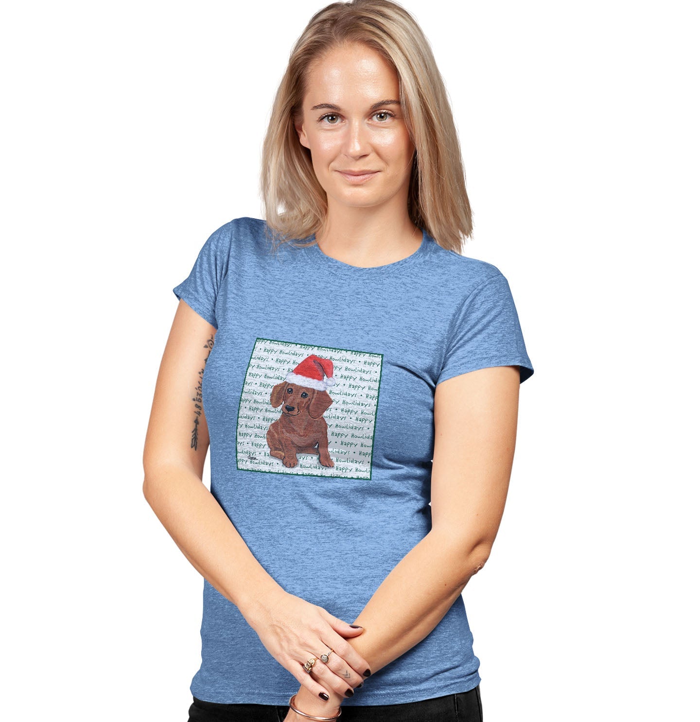 Dachshund (Red) Happy Howlidays Text - Women's Tri-Blend T-Shirt