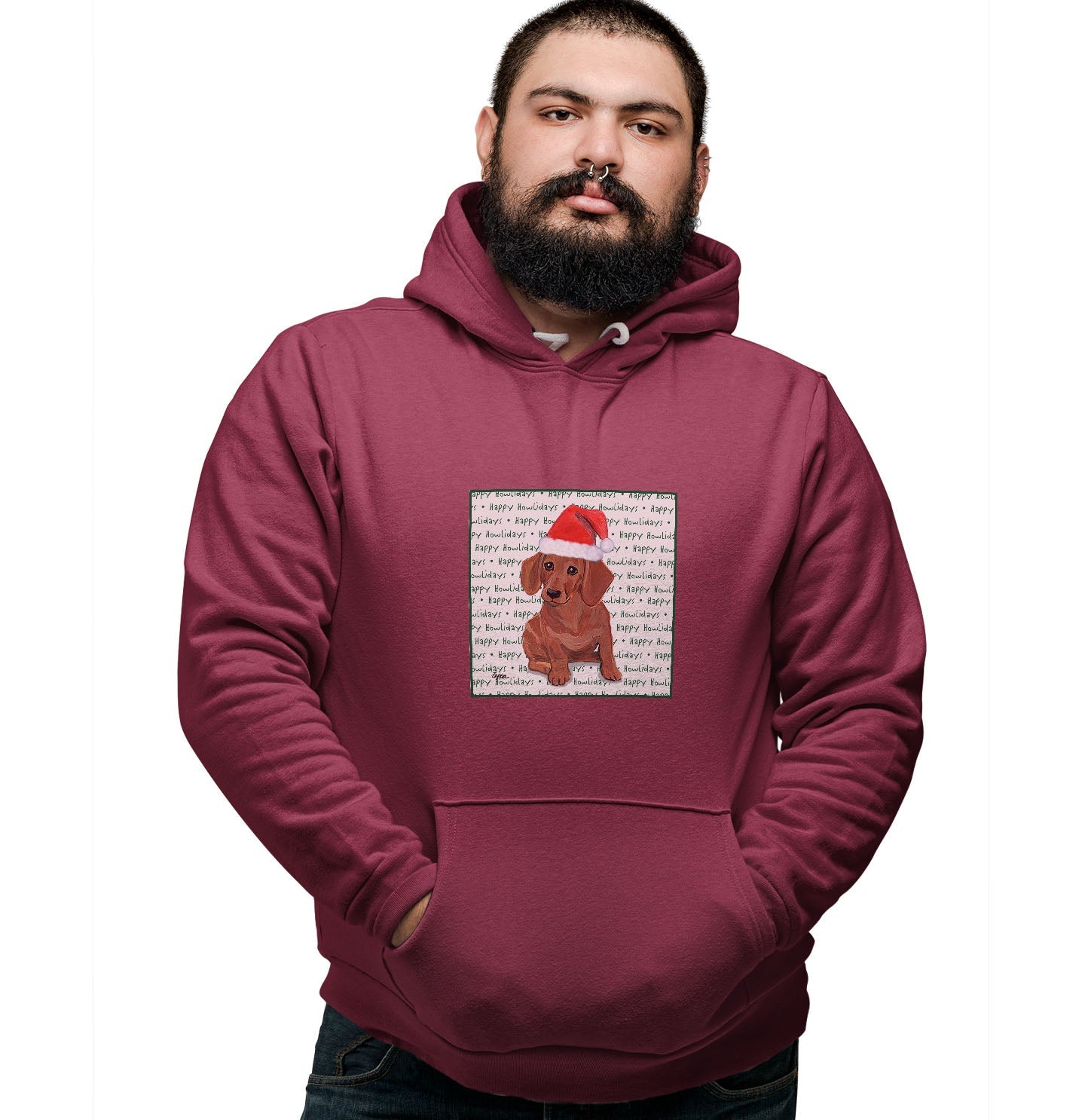 Dachshund (Red) Happy Howlidays Text - Adult Unisex Hoodie Sweatshirt