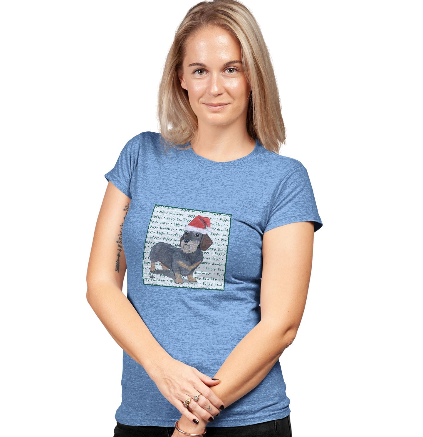 Dachshund (Wire Haired) Happy Howlidays Text - Women's Tri-Blend T-Shirt