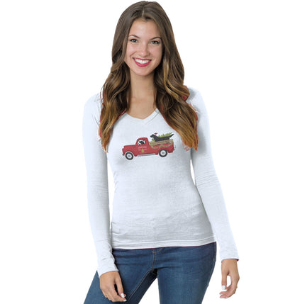 Labrador Christmas Tree Truck - Women's V-Neck Long Sleeve T-Shirt