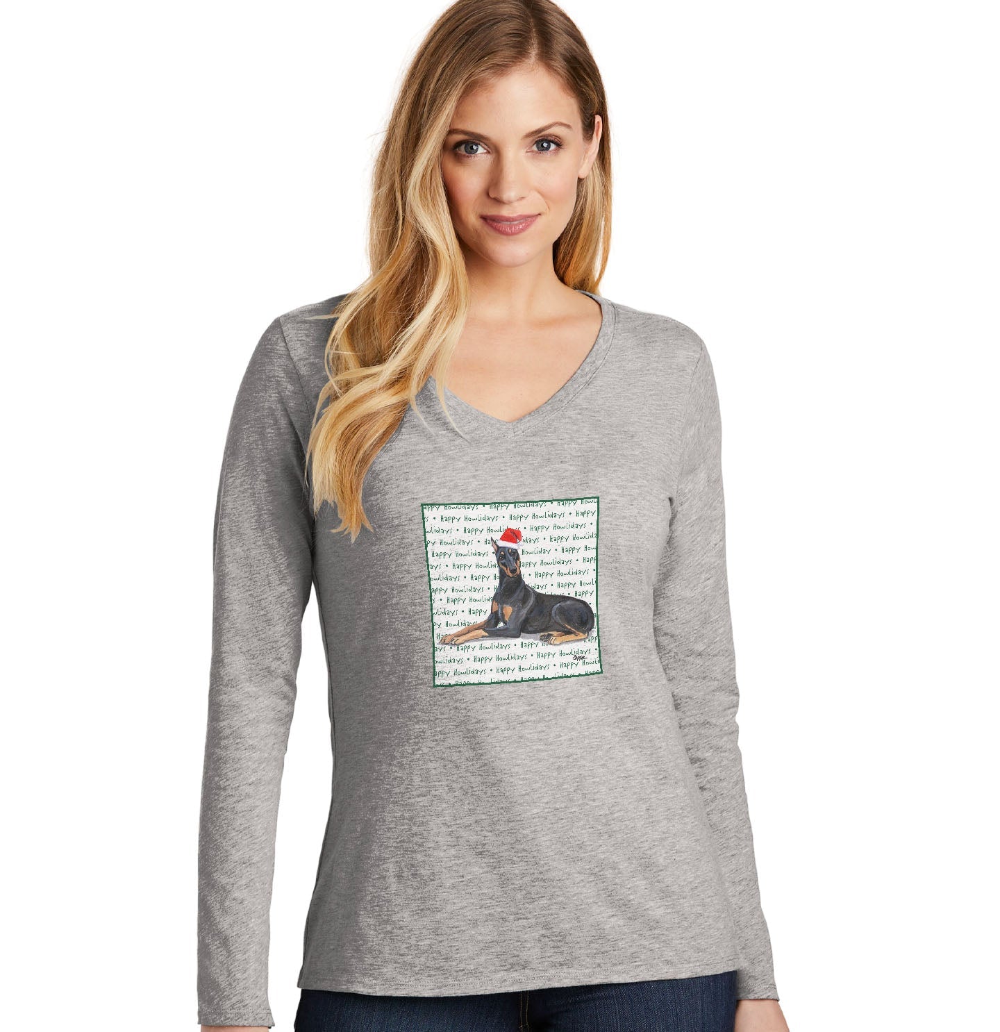 Doberman Pinscher Happy Howlidays Text - Women's V-Neck Long Sleeve T-Shirt