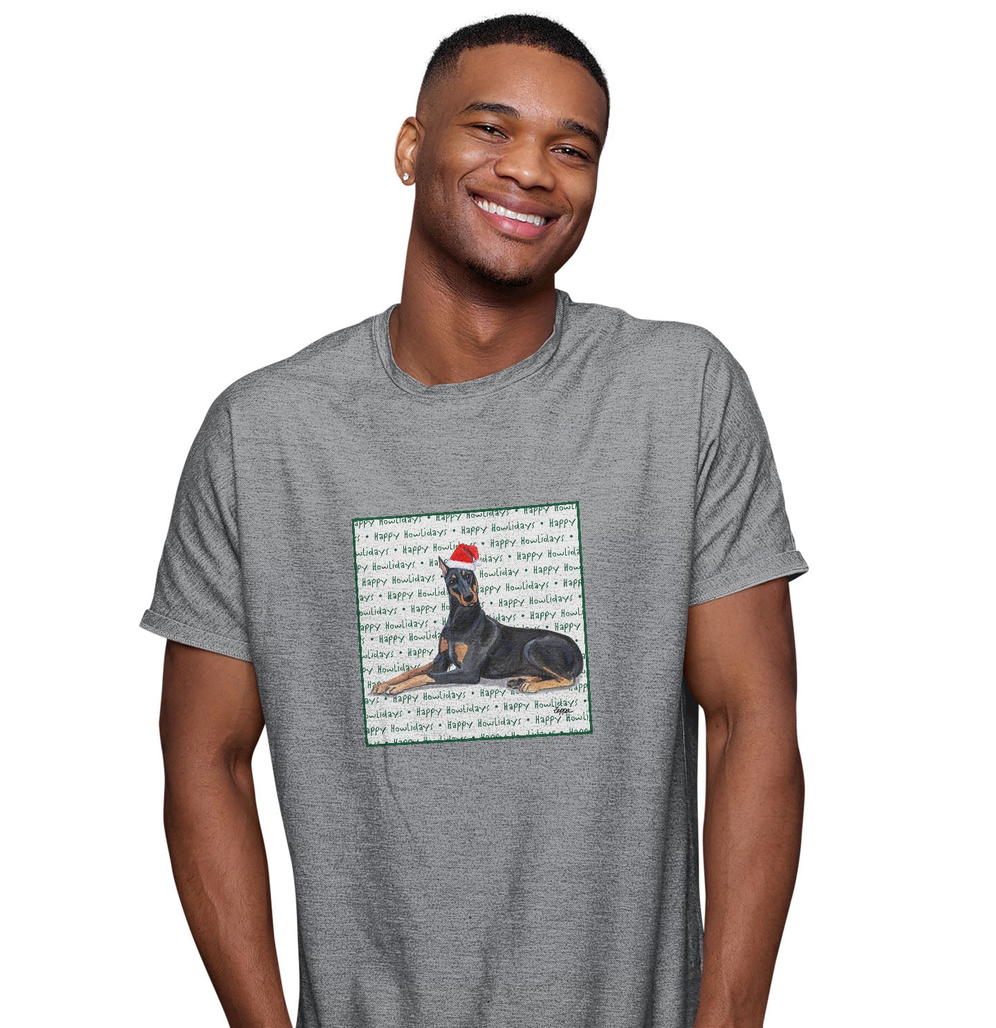 Doberman Pinscher Happy Howlidays Text - Adult Unisex T-Shirt