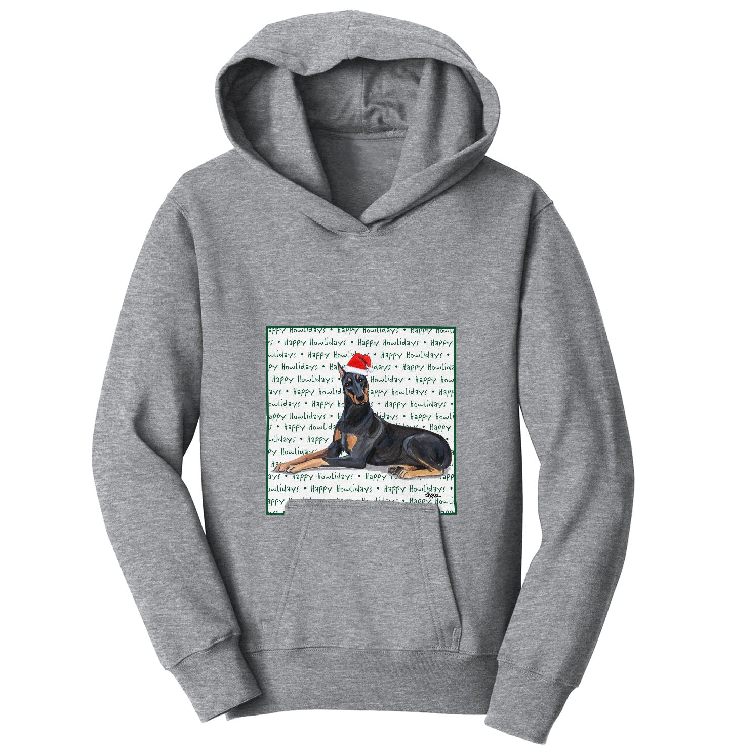 Doberman Pinscher Happy Howlidays Text - Kids' Unisex Hoodie Sweatshirt