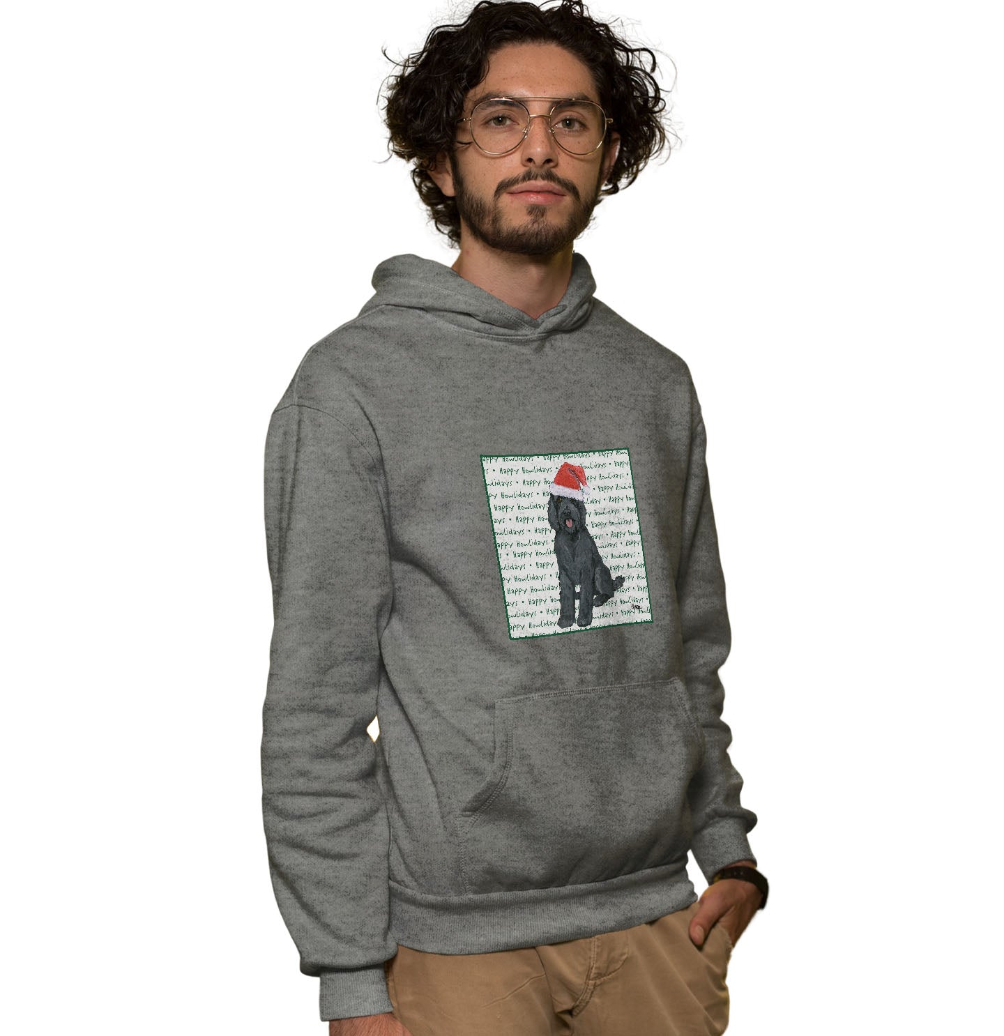 Black Labradoodle Happy Howlidays Text - Adult Unisex Hoodie Sweatshirt