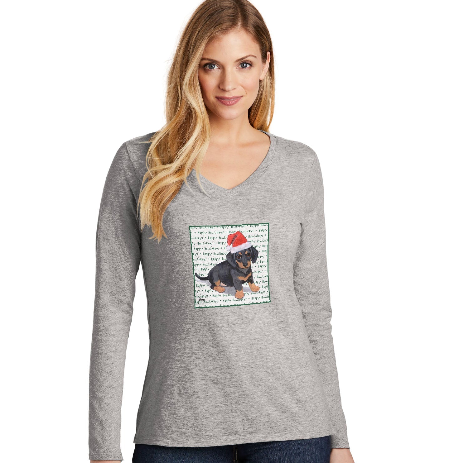 Dachshund Puppy Happy Howlidays Text - Women's V-Neck Long Sleeve T-Shirt