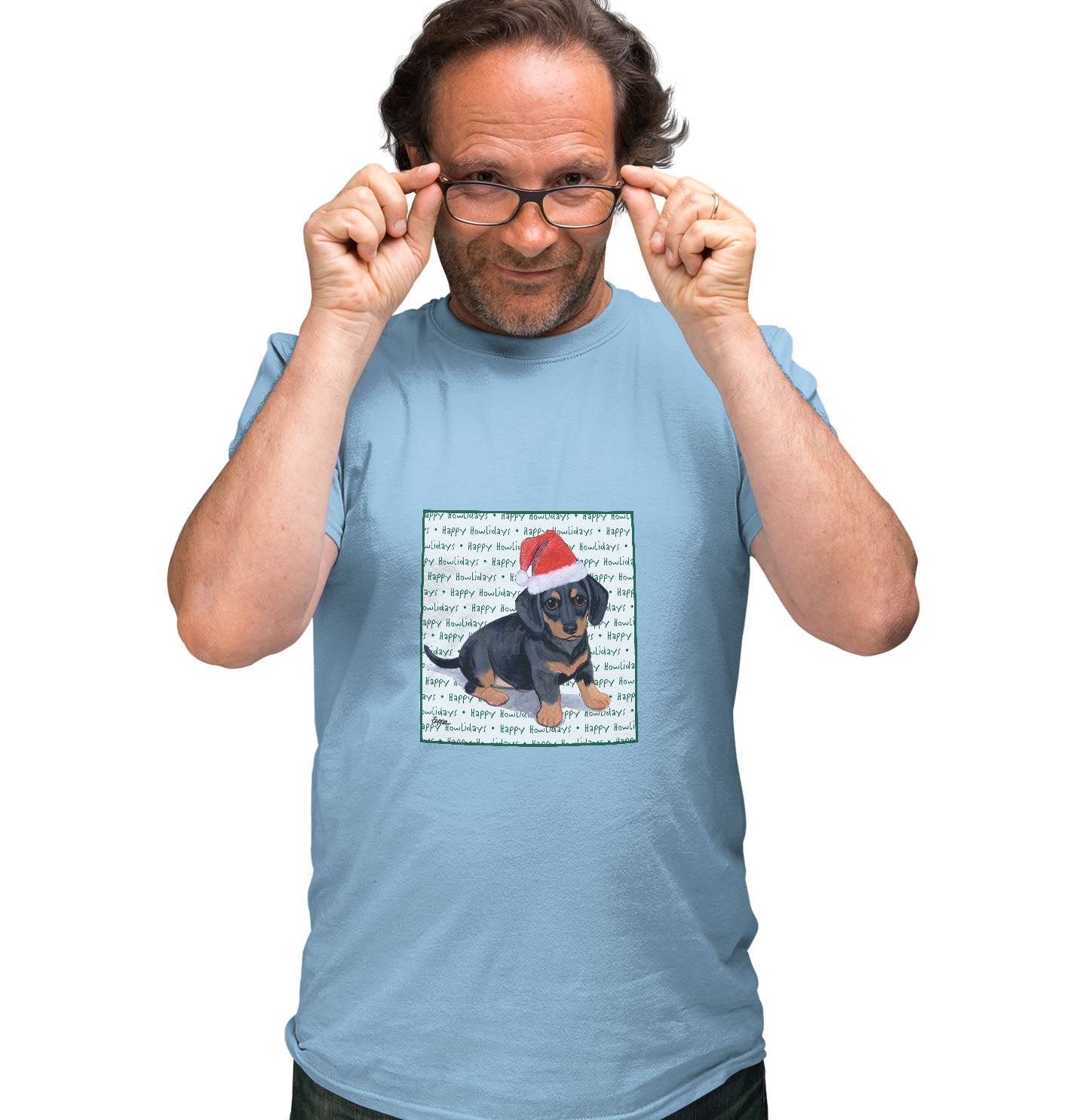 Dachshund Puppy Happy Howlidays Text - Adult Unisex T-Shirt