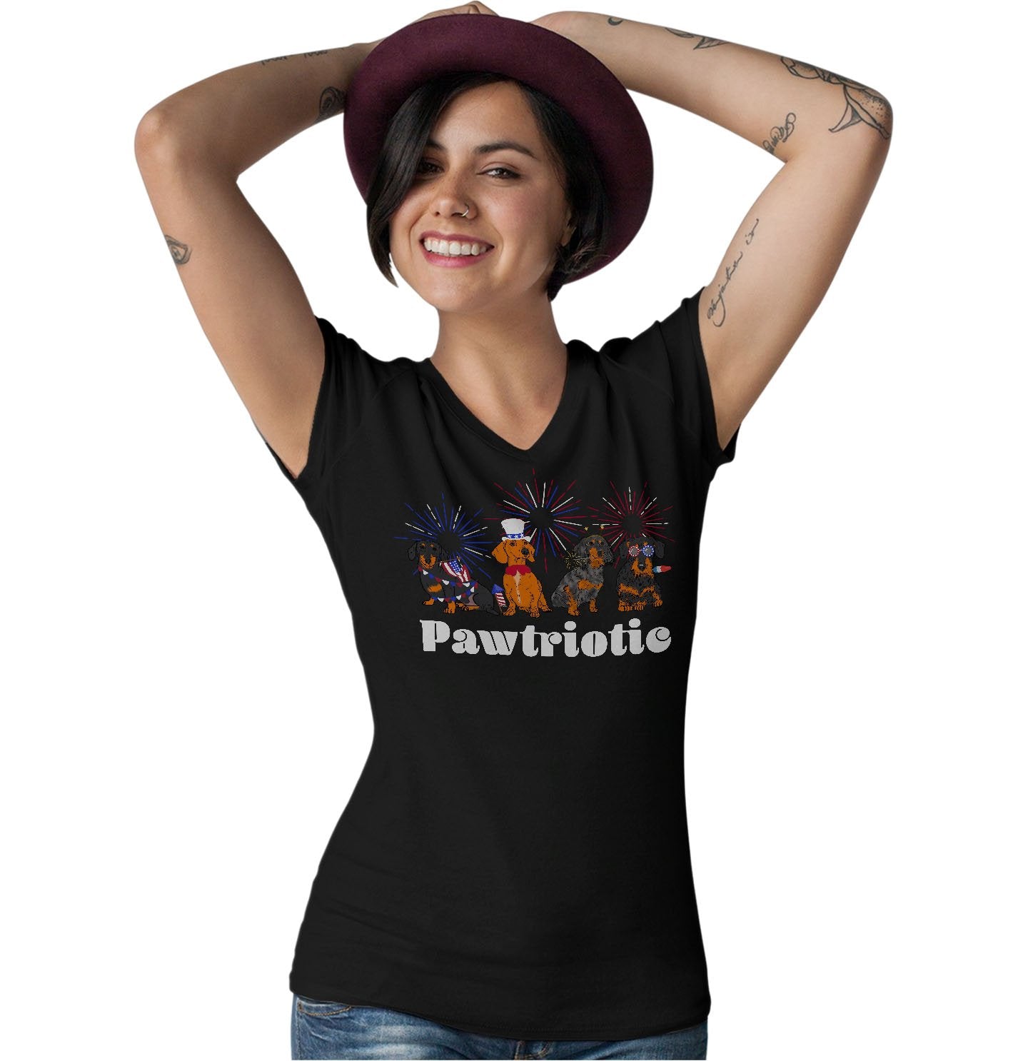 4th of July Patriotic Dachshund - Women's V-Neck T-Shirt