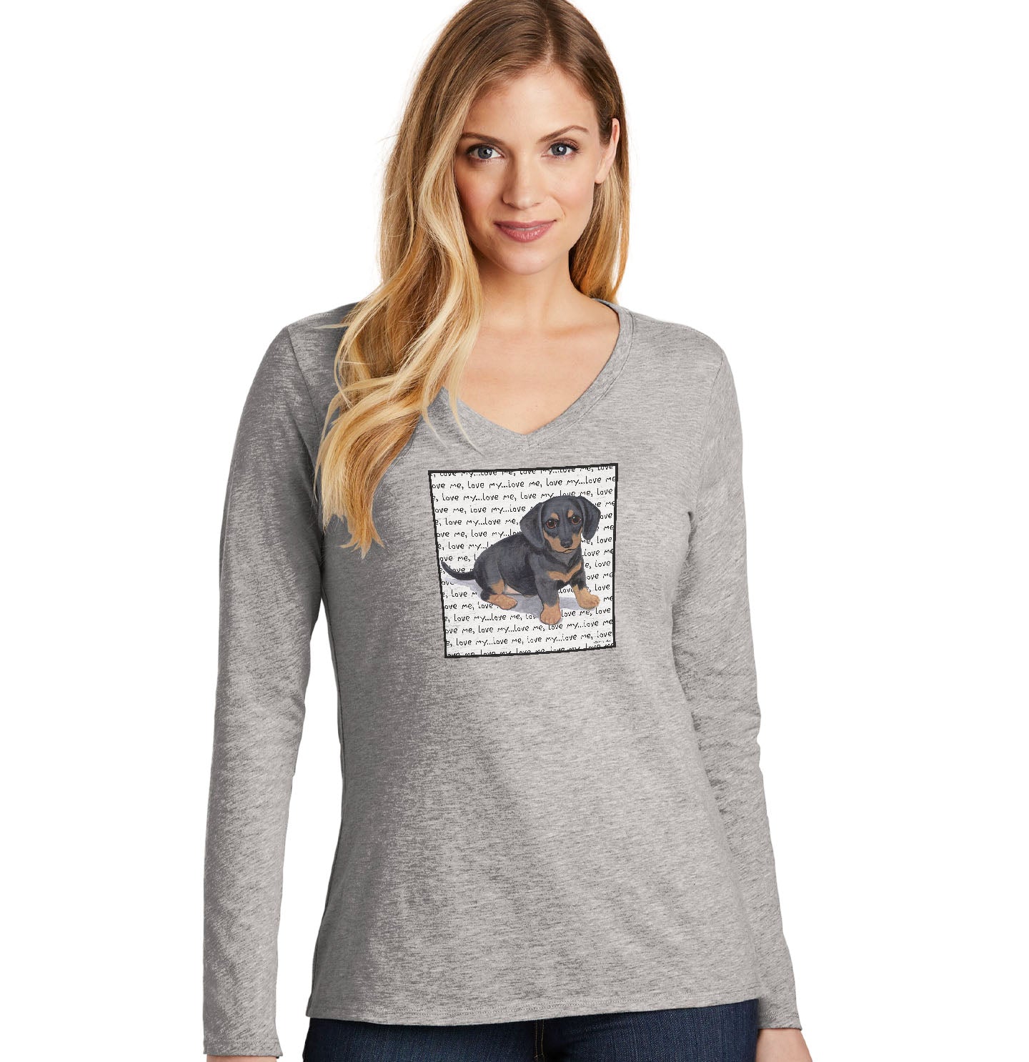 Dachshund Puppy Love Text - Women's V-Neck Long Sleeve T-Shirt