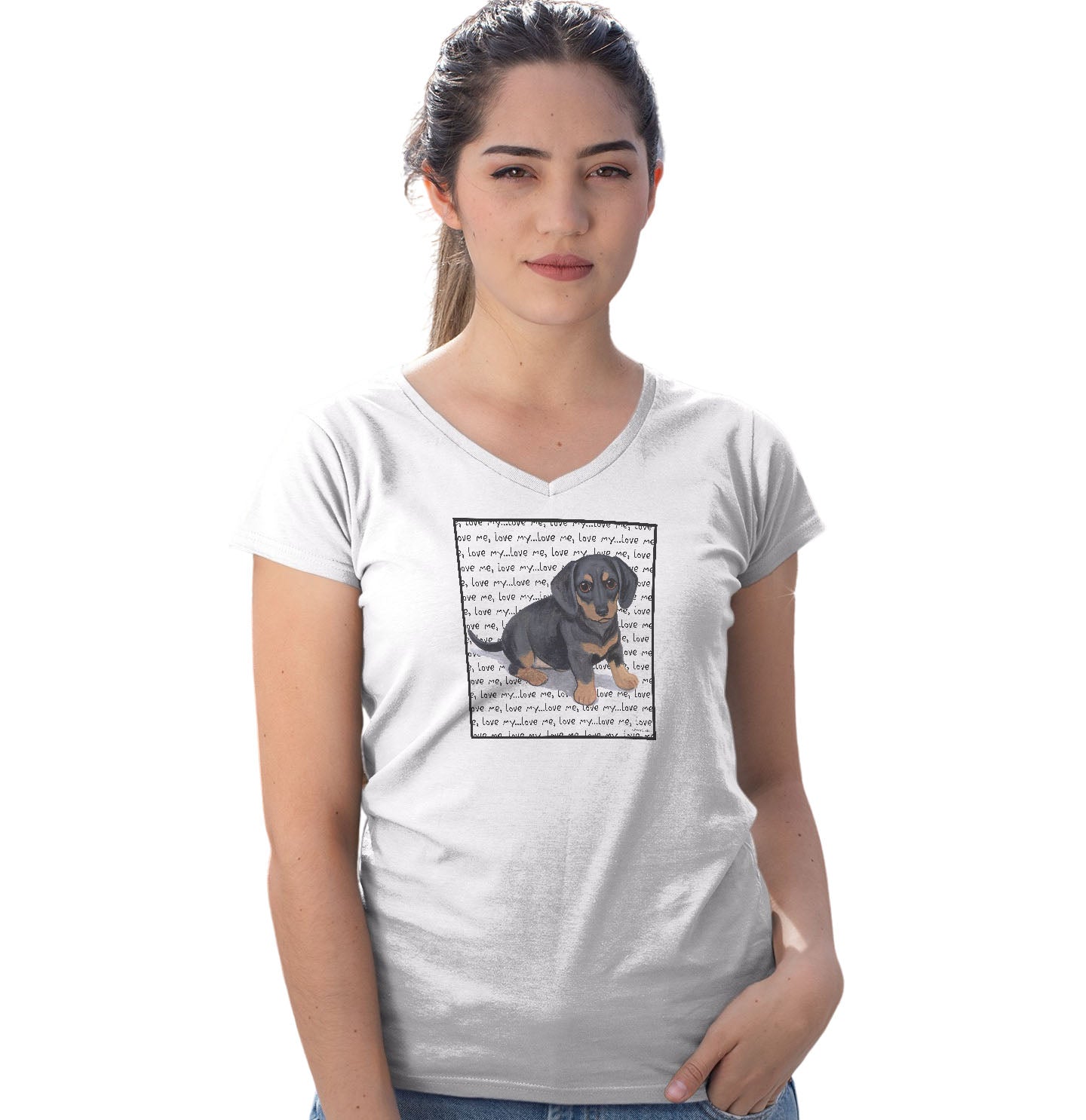 Dachshund Puppy Love Text - Women's V-Neck T-Shirt