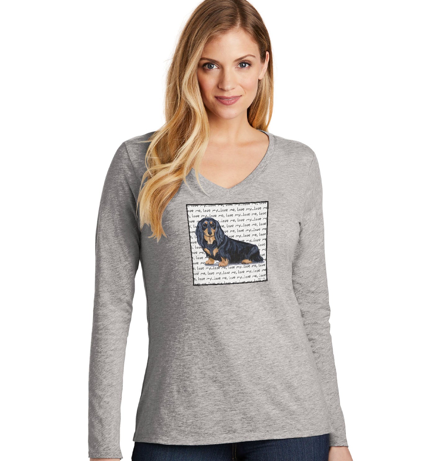 Black Long Haired Dachshund Love Text - Women's V-Neck Long Sleeve T-Shirt