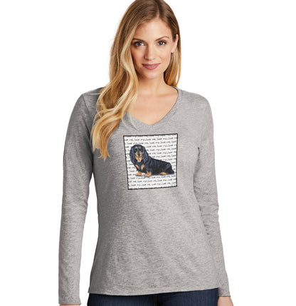 Black Long Haired Dachshund Love Text - Women's V-Neck Long Sleeve T-Shirt