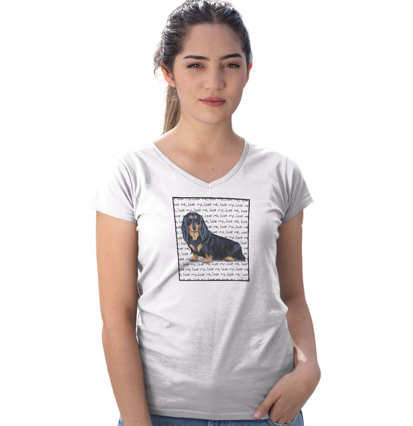 Black Long Haired Dachshund Love Text - Women's V-Neck T-Shirt