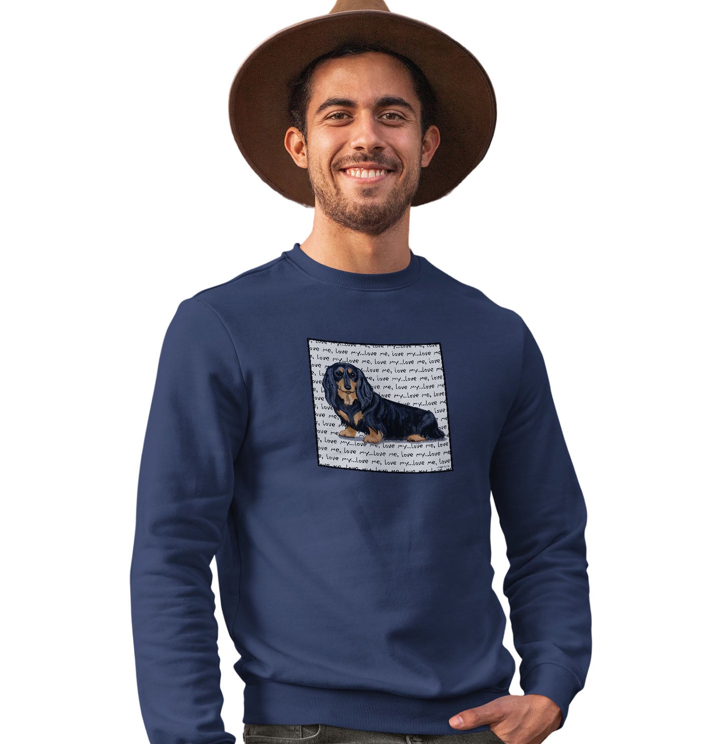 Black Long Haired Dachshund Love Text - Adult Unisex Crewneck Sweatshirt