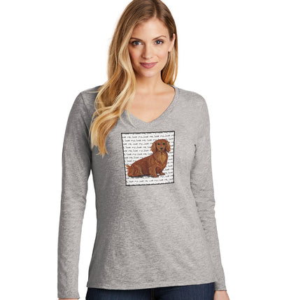 Long Haired Dachshund Love Text - Women's V-Neck Long Sleeve T-Shirt