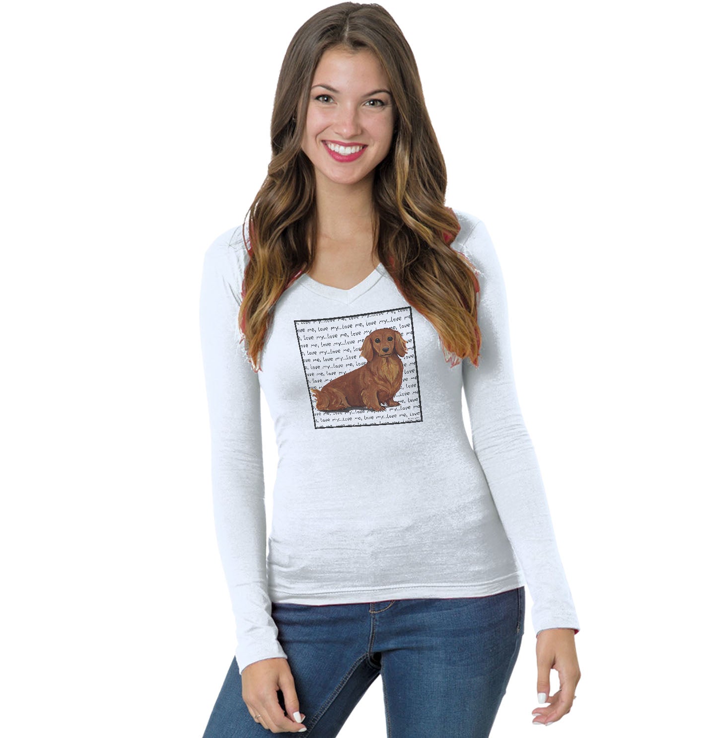 Long Haired Dachshund Love Text - Women's V-Neck Long Sleeve T-Shirt
