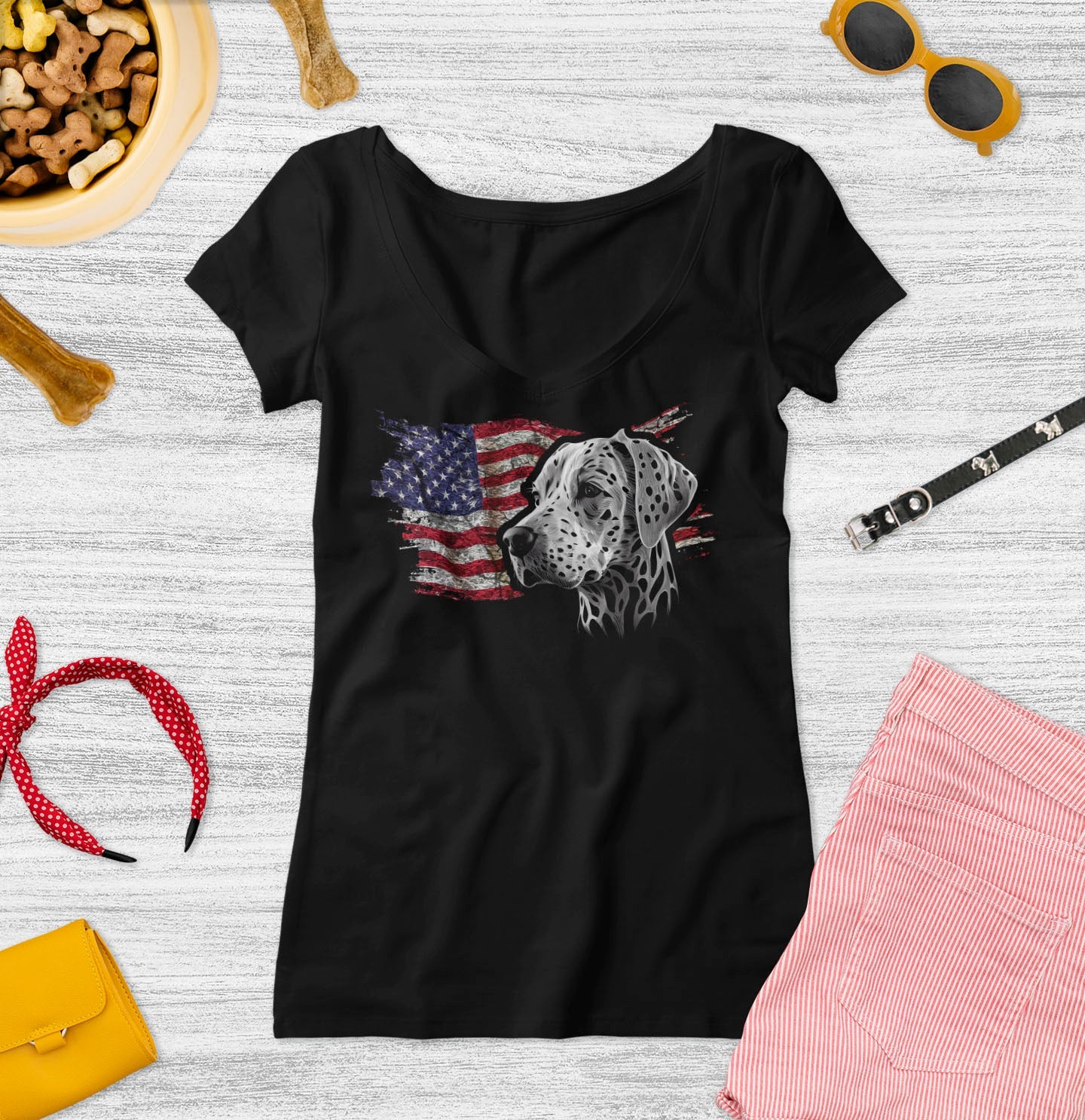 Patriotic Dalmatian American Flag - Women's V-Neck T-Shirt