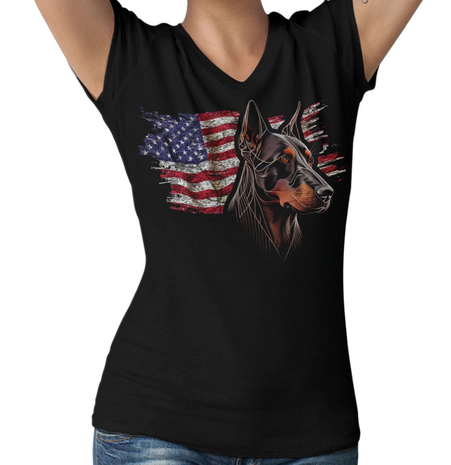 Patriotic Doberman Pinscher American Flag - Women's V-Neck T-Shirt