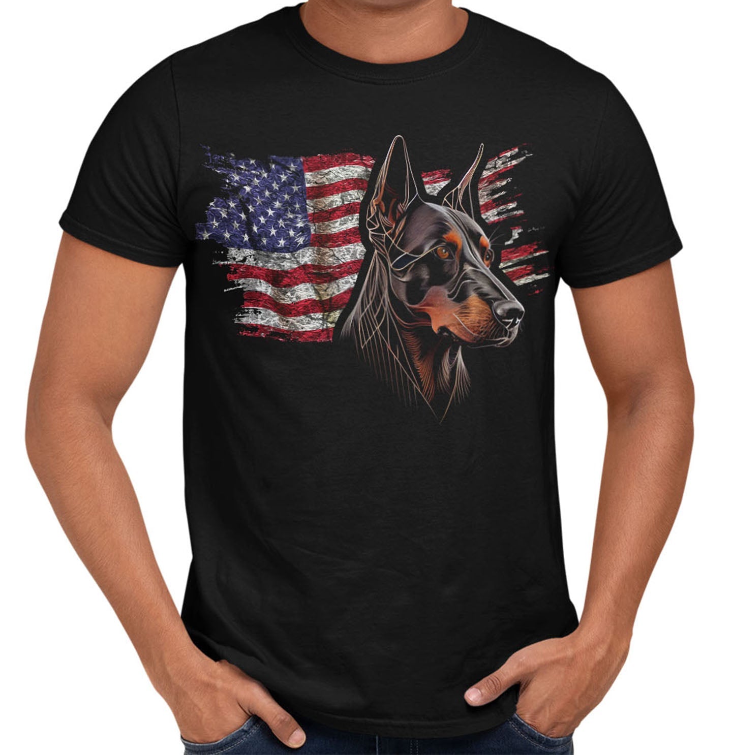 Patriotic Doberman Pinscher American Flag - Adult Unisex T-Shirt