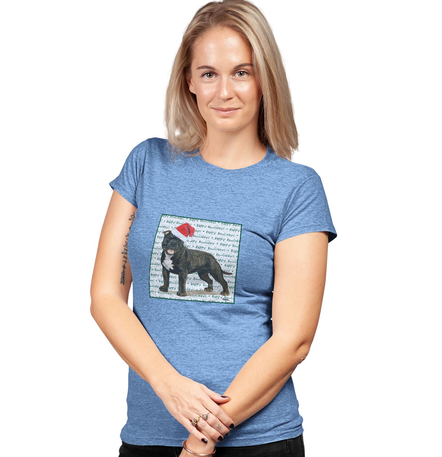 American Staffordshire Terrier (Brindle) Happy Howlidays Text - Women's Tri-Blend T-Shirt