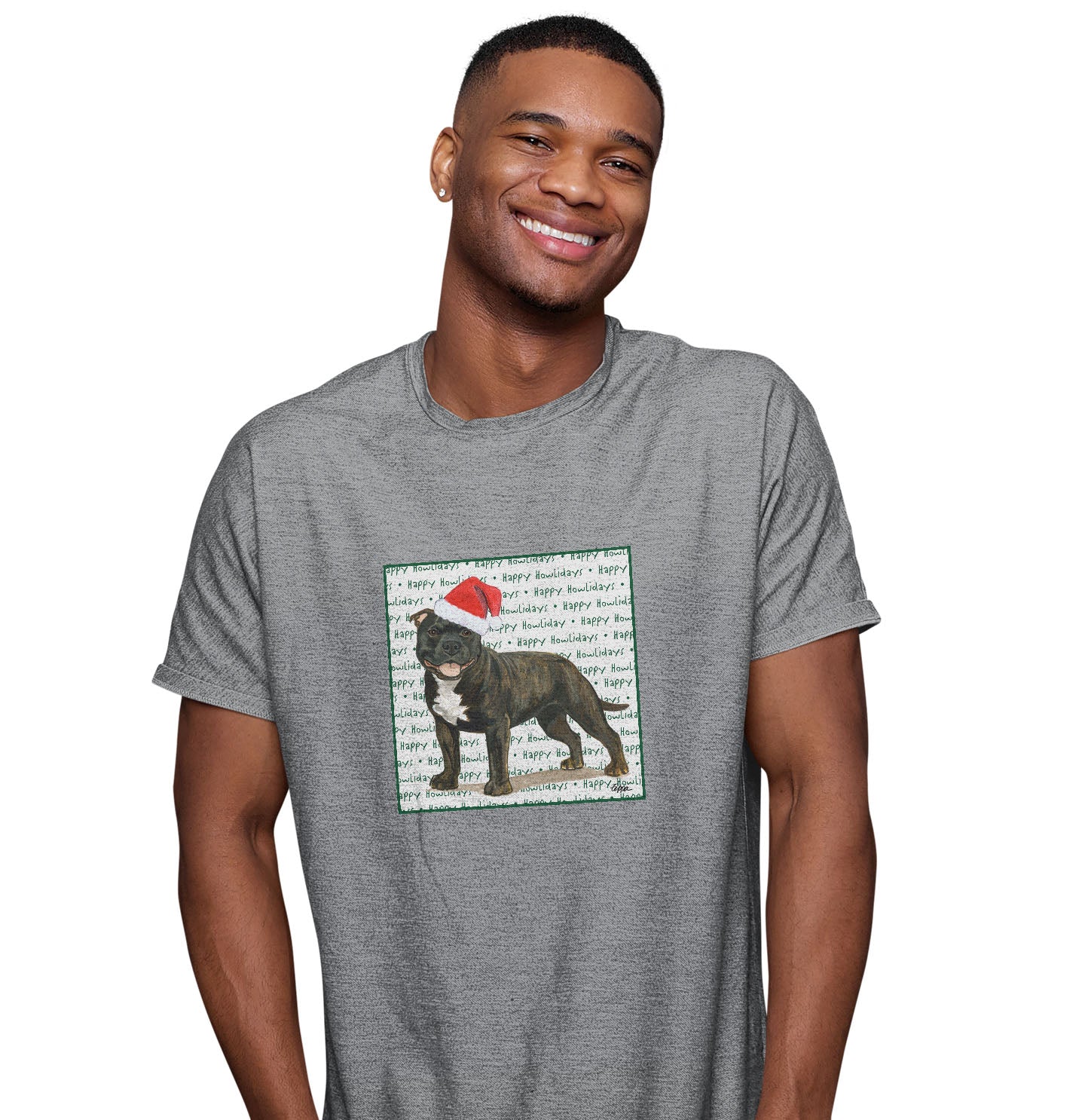 American Staffordshire Terrier (Brindle) Happy Howlidays Text - Adult Unisex T-Shirt