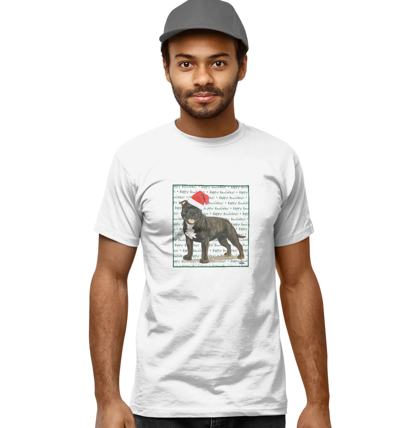 American Staffordshire Terrier (Brindle) Happy Howlidays Text - Adult Unisex T-Shirt