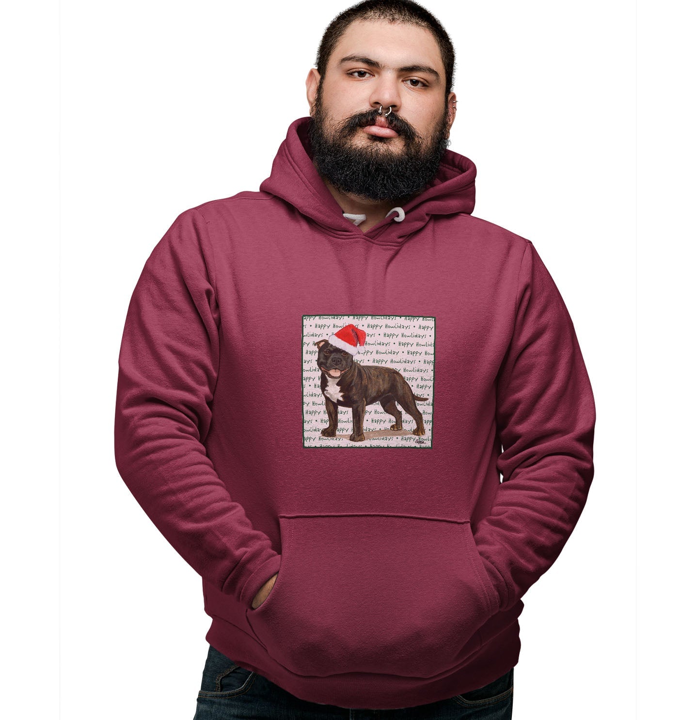 American Staffordshire Terrier (Brindle) Happy Howlidays Text - Adult Unisex Hoodie Sweatshirt