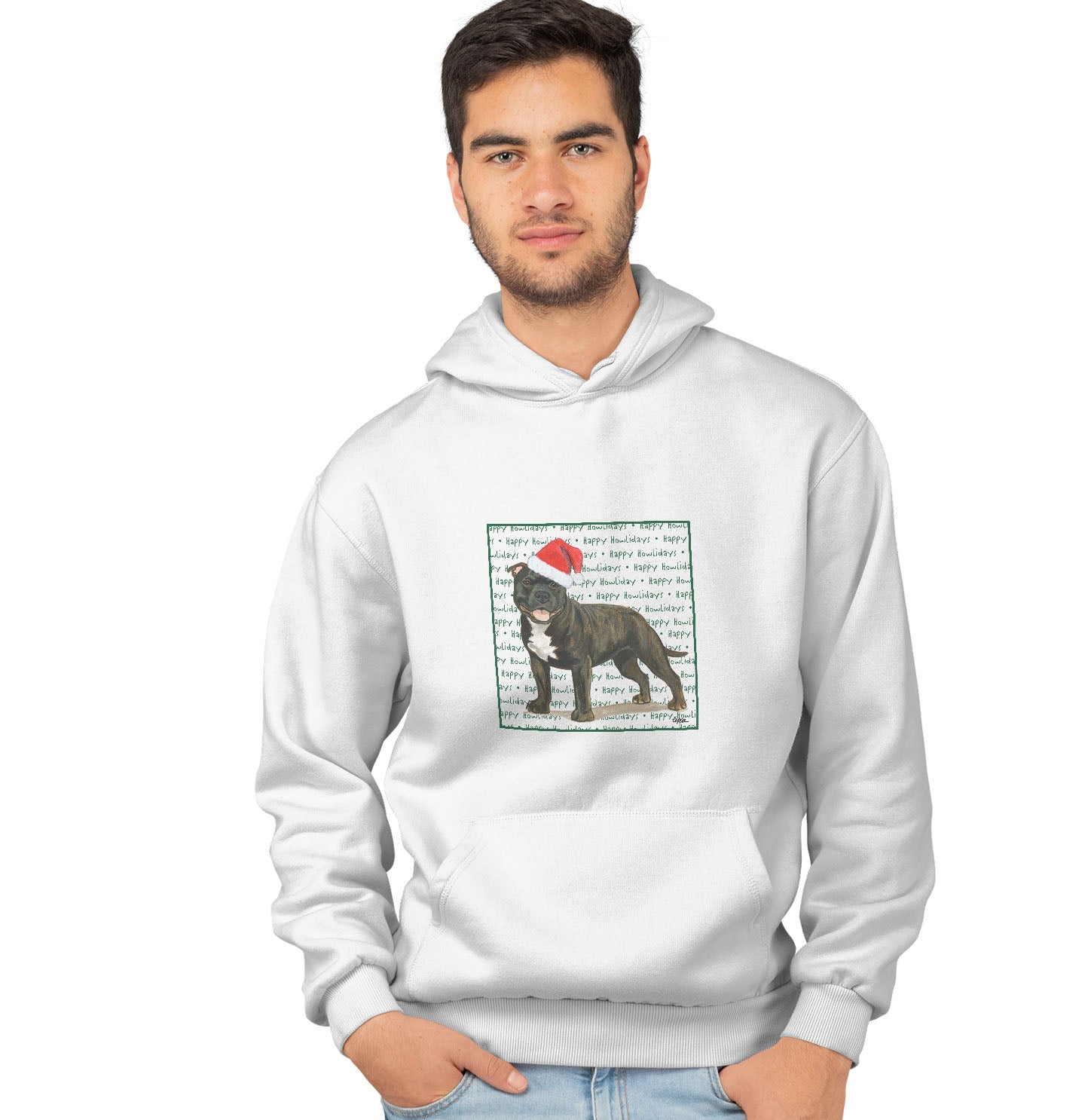 American Staffordshire Terrier (Brindle) Happy Howlidays Text - Adult Unisex Hoodie Sweatshirt