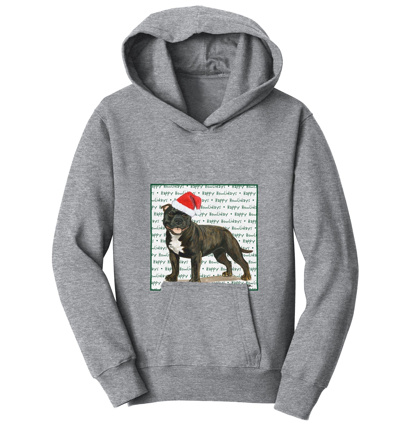 American Staffordshire Terrier (Brindle) Happy Howlidays Text - Kids' Unisex Hoodie Sweatshirt