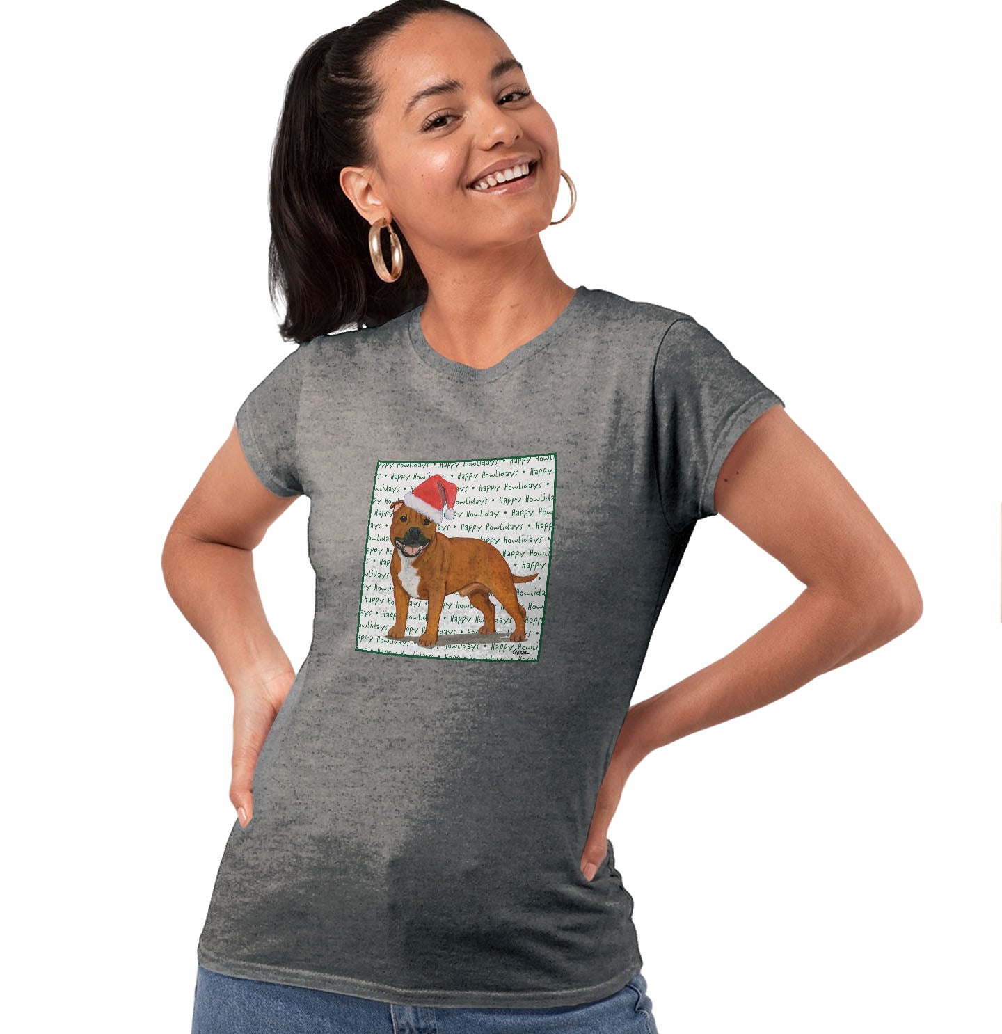 American Staffordshire Terrier (Red) Happy Howlidays Text - Women's Tri-Blend T-Shirt